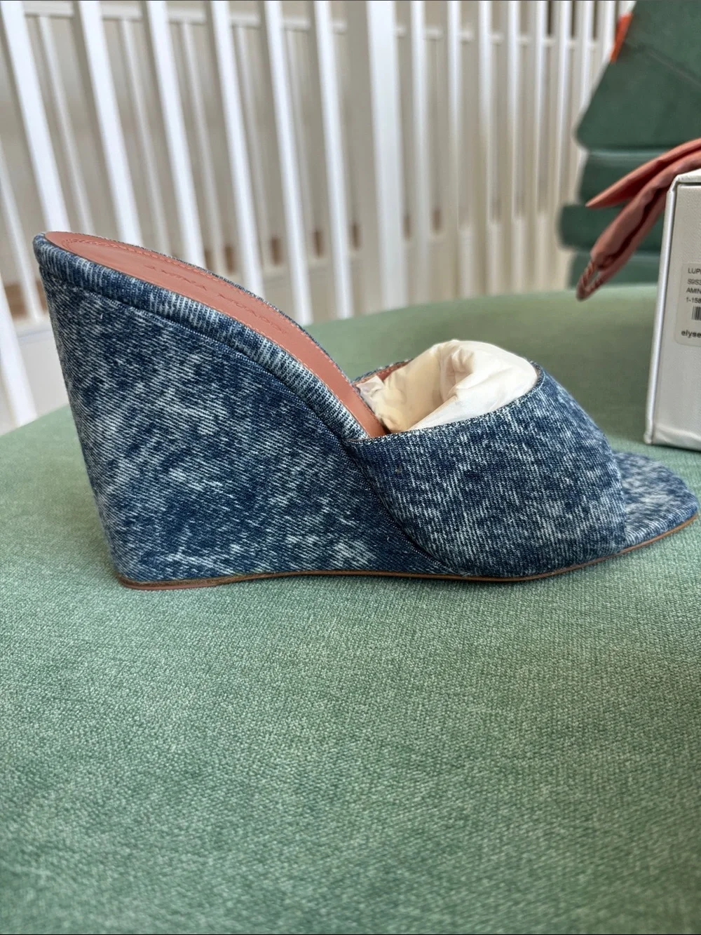 Amina Muaddi Lupita Wedge 95 mm Heel- Denim Acid Open-Toe Wedge - Size EU 38.5